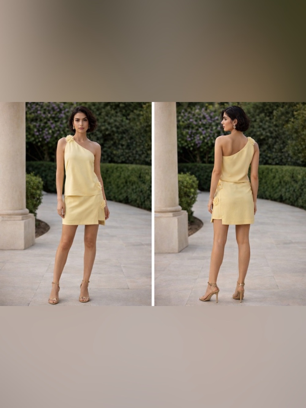 One-Shoulder Lemon Yellow Mini Dress with Floral Shoulder Detail